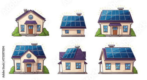 Cartoon Houses with Solar Panels for Sustainable Energy.