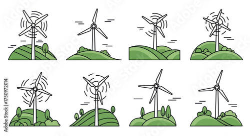 Illustrated Wind Turbines Generating Clean Energy on Green Hills.