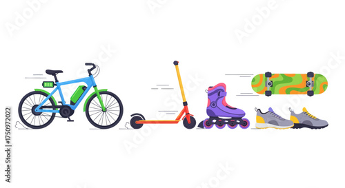 Diverse Personal Mobility and Recreation Gear: Electric Bike Scooter Skates Skateboard Sneakers.