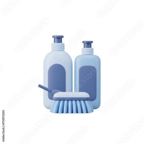 A 3d rendering of cleaning supplies, including bottles and a brush isolated on transparent background, for hygiene
