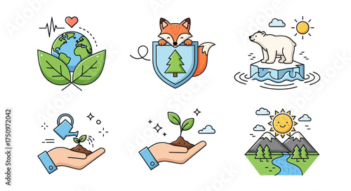 Diverse Environmental Icons Representing Nature Conservation and Climate Change Awareness.