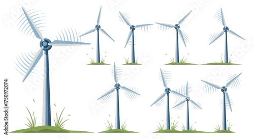 Collection of Wind Turbines Generating Clean Energy on Green Grass.