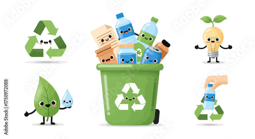 Adorable cartoon characters promoting recycling and environmental awareness.