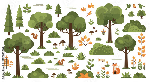Cartoon Forest Nature Elements Set with Trees Bushes Plants and Animals.