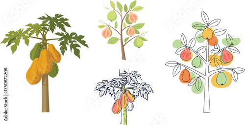 Fruit Tree Vector Collection Featuring Papaya, Peach, and Mixed Tropical Variations in Colorful and Stylized Botanical Designs for Creative Projects