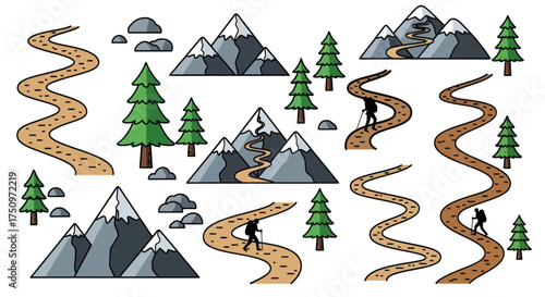 Cartoon Mountain Trails with Snow-Capped Peaks and Hiking Figures.