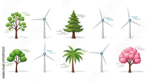 Diverse Collection of Trees and Wind Turbines Illustration.