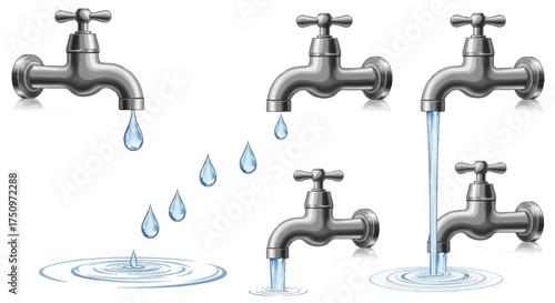 Collection of Silver Faucets Dripping and Flowing Water.