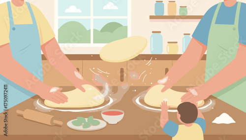 Family joyfully making pizza together in a bright kitchen bonding over homemade food preparation