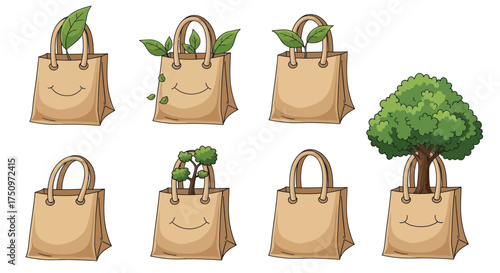Cartoon Shopping Bags with Smiling Faces and Green Leaves.