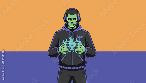 Intense gamer illustration with headset and glowing controller Esports entertainment lifestyle concept