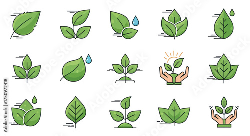 Collection of Green Leaf Icons with Water Droplets and Growth Symbols.