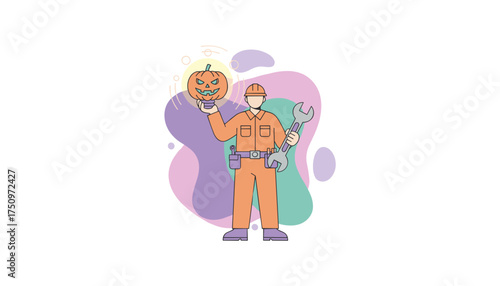 Worker in uniform holds a glowing Halloween pumpkin and wrench symbolizing festive maintenance or spooky season repairs