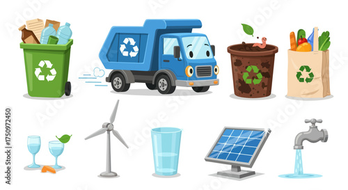 Cartoon Blue Recycling Truck with Smiling Face and Symbol.