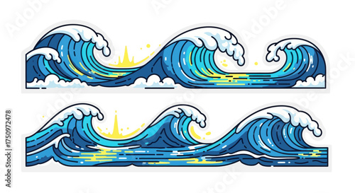 Dynamic Blue Ocean Waves with White Foam and Yellow Sunbursts.