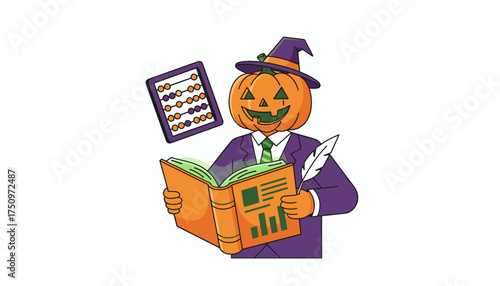 Pumpkin business professional with abacus studies financial data in magical book for Halloween