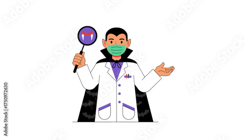Vampire doctor in mask and lab coat holding magnifying glass conceptual Halloween healthcare