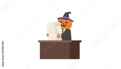 Jackolantern in business suit and witch hat overwhelmed by paperwork at office desk