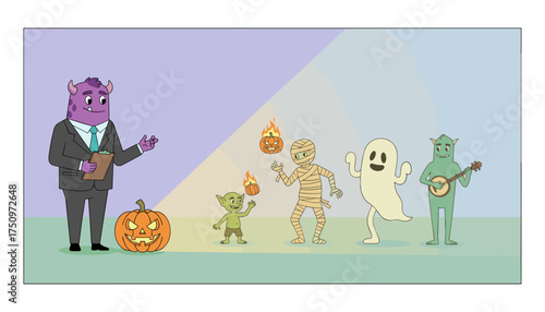 Business monster presents a lineup of Halloween characters Jackolantern goblin mummy ghost banjo monster