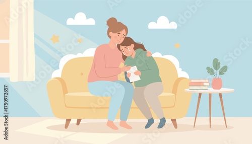 Supportive woman comforts crying person in home setting Empathy care and emotional healing