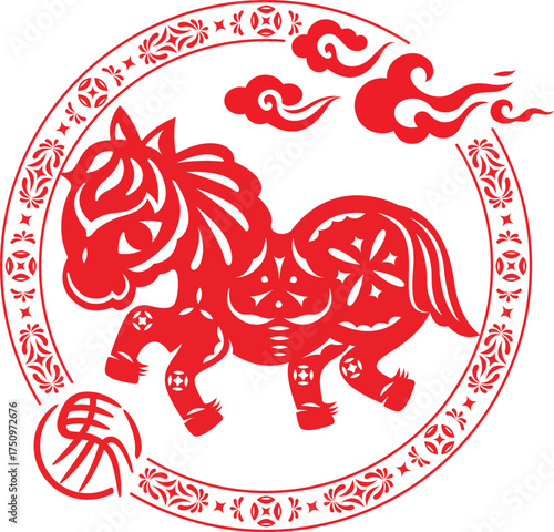 Vibrant red Chinese paper cut art of a horse in stride, with ornate circular border, clouds, and a zodiac character