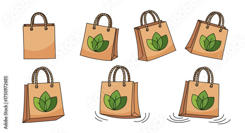 Collection of Eco-Friendly Paper Shopping Bags with Leaf Designs.