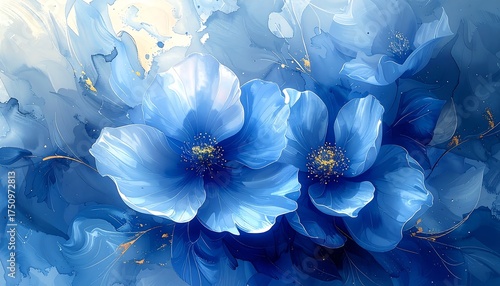 Abstract Blue Poppies with Gold Accents on White and Blue Watercolor Background
