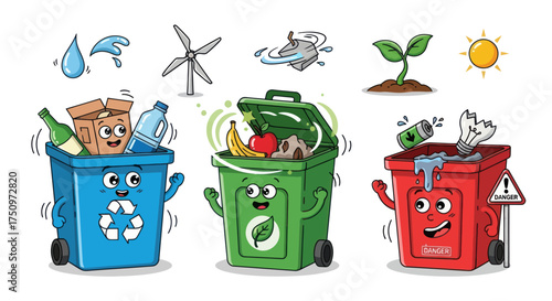 Cartoon Recycling Bins with Happy Faces and Various Waste Items.