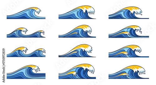 Dynamic Ocean Waves Collection with Cresting White Foam and Blue Tones.
