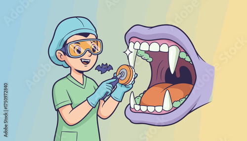 Cartoon dentist polishes monster fangs for Halloween dental care Fun spooky hygiene concept