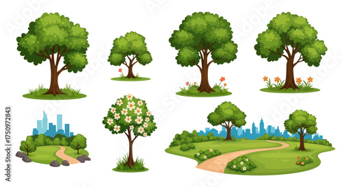 Collection of Diverse Cartoon Trees and Green Landscapes with Cityscape.