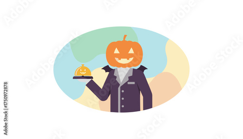 Festive Halloween server with pumpkin head and bat wings holds a bell Spooky season service
