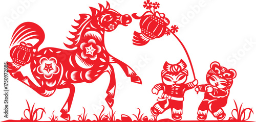Vibrant Red Chinese paper cut art of a horse in stride, two Chinese dolls playing with the Lantern