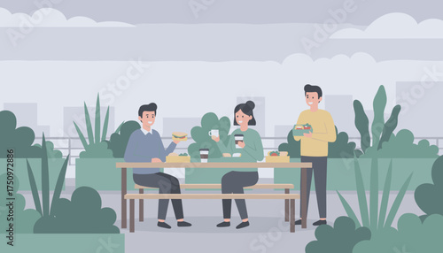 Happy colleagues enjoying lunch break at an outdoor cafe or rooftop garden Teamwork lifestyle
