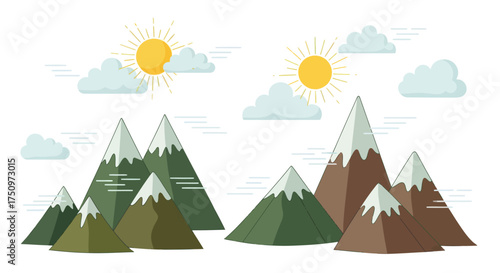 Stylized Mountain Range with Snow-Capped Peaks and Sun.