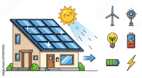 House with Solar Panels and Renewable Energy Icons.
