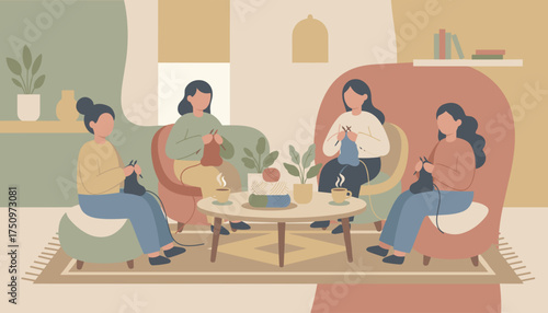 Friends enjoying a creative knitting and crocheting session with coffee in a cozy home