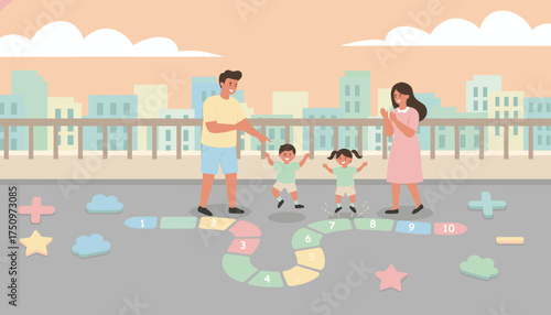 Happy family plays hopscotch on a city rooftop Urban childhood fun and bonding