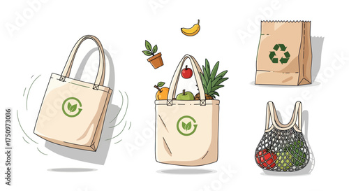 Collection of Reusable Shopping Bags with Eco-Friendly Designs and Fresh Produce.