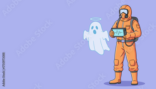 Hazmat suited investigator with tablet examining a friendly ghost with a halo Paranormal activity