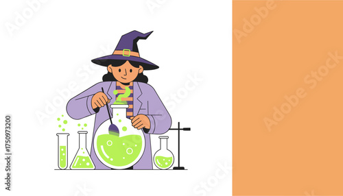 Friendly witch stirring a magical green potion in a lab perfect for Halloween science fun