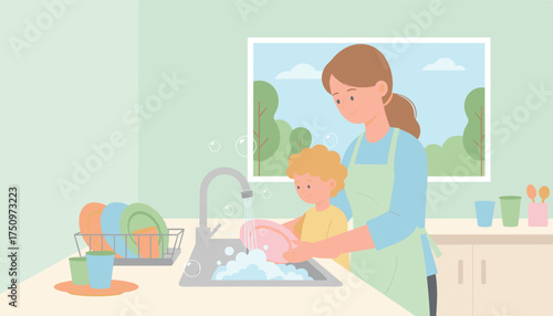 Mother and child happily washing dishes in a kitchen promoting family bonding and teamwork