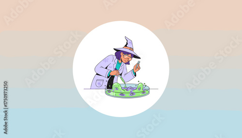 Witchscientist doing a spooky experiment with a bubbling potion for Halloween projects