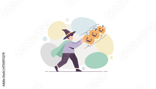 Witchwizard conjuring festive Halloween pumpkins with a magical aura Ideal for holiday designs