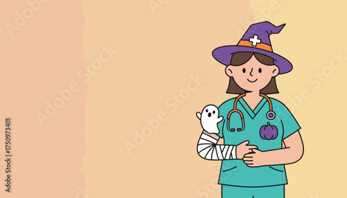 Healthcare professional in witch hat and scrubs celebrating Halloween with ghost and pumpkin