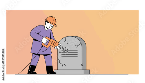 Worker jackhammering old stone monument symbolizing breaking outdated ideas and progress