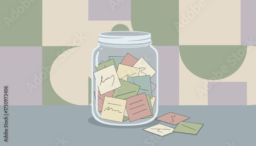 Glass jar filled with colorful notes on a desk symbolizing memories ideas or goals Flat illustration