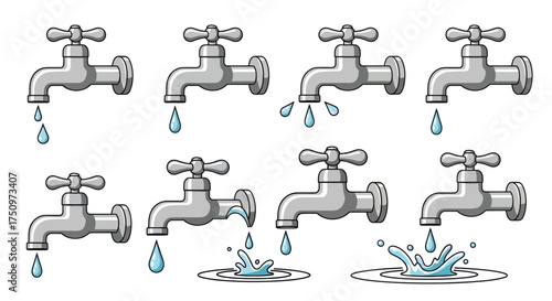 Collection of eight silver water faucets dripping water in various stages.