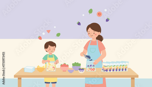 Mother and child prepare healthy smoothie packs for a nutritious lifestyle Family cooking fun