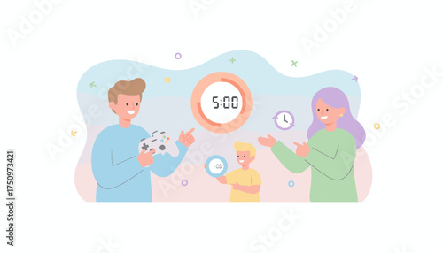 Family setting screen time limits for gaming promoting digital balance with timers